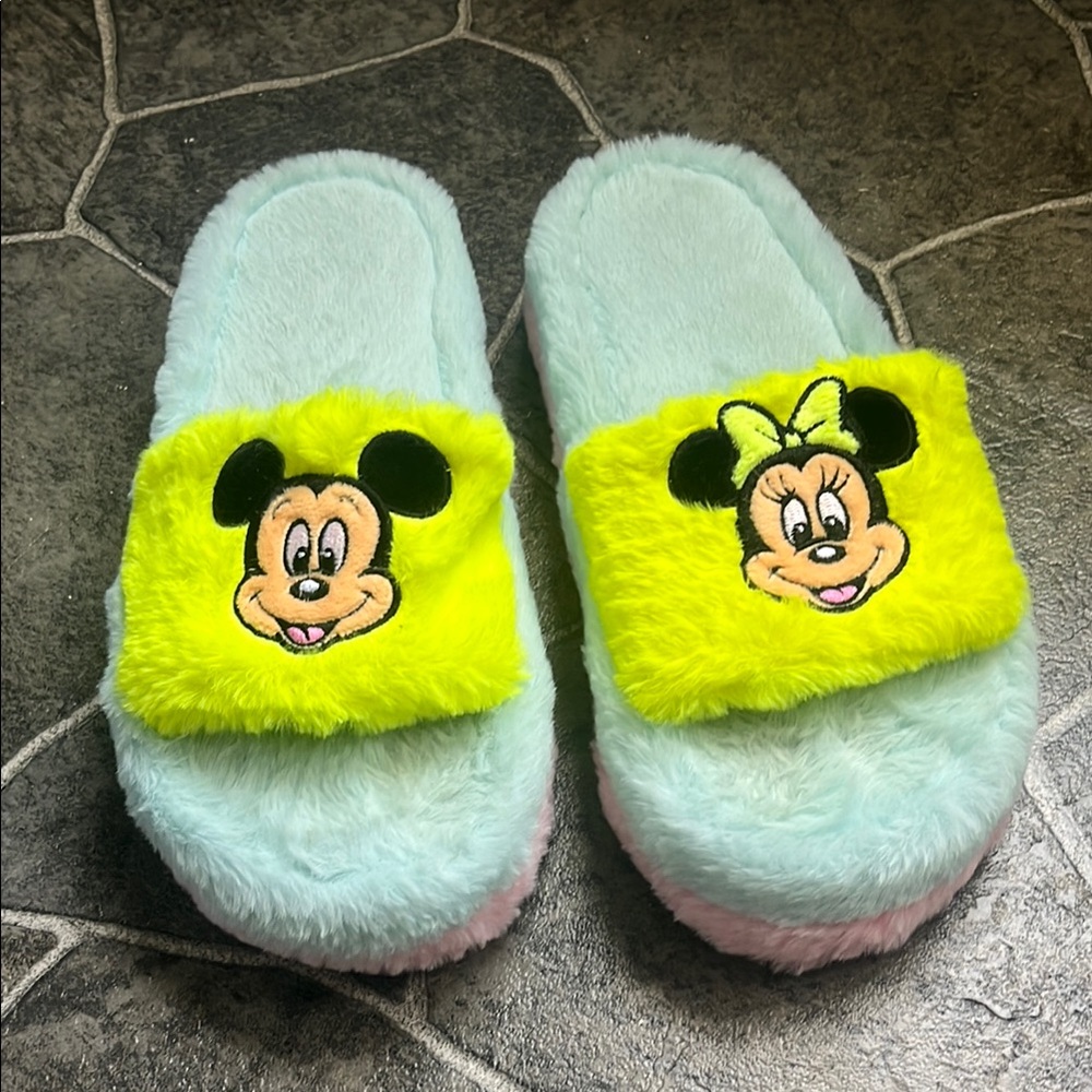 Disney Mickey and Minnie Neon Fuzzy Slippers